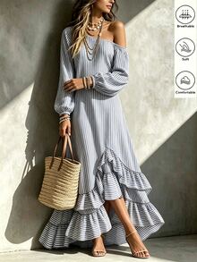 SHEIN Franclia Women's Blue And White Stripe Vertical Asymmetrical Shoulder Ruffle Dress, Single Shoulder Exposed, Asymmetric Neckline, French Casual Boho Beach Fall - Blue - View 1
