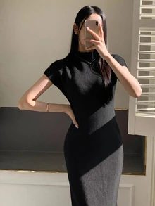 DAZY Women's Sleeveless Sweater Dress, Elegant Semi-High Neck Fitted Bodycon Mid-Length Dress, Base Layer Dress - Black - View 3