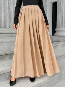 Pariaura Rok Maxi Wanita Warna Polos Bahan Linen Imitasi dengan Lipatan dan Hem Longgar, Elegan, Modis, dan Serbaguna - Khaki - View 1