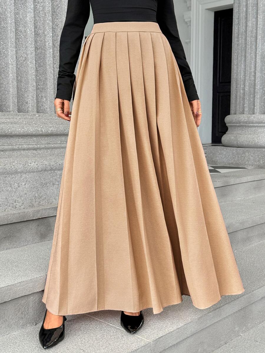 Pariaura Rok Maxi Wanita Warna Polos Bahan Linen Imitasi dengan Lipatan dan Hem Longgar, Elegan, Modis, dan Serbaguna - Khaki - View 1