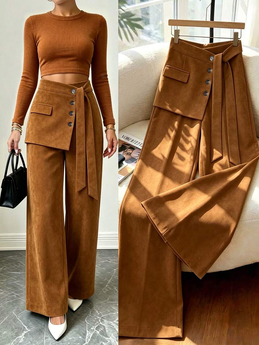 Balvessa Women's Solid Color Casual Versatile Daily Wear Long Pants Fall/Winter - Brown - View 1