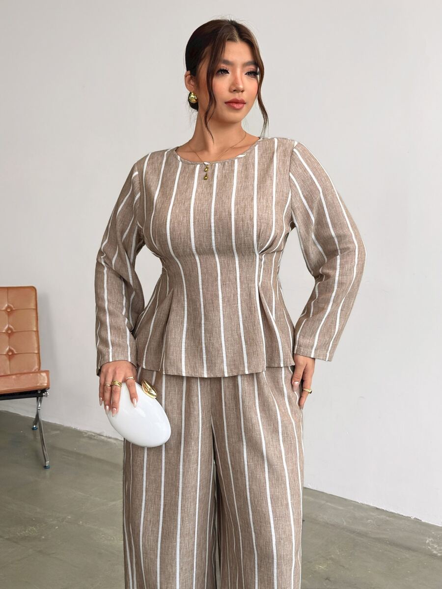 Firerie Plus Size Slimming Ruched Khaki Striped Round Neck Long Sleeve Set/Elastic Waistband/Everyday Matching Set Fall/Winter Elegant Striped Set Women - Khaki - View 1