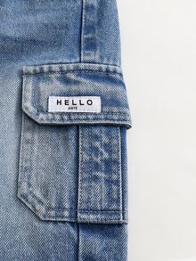 SHEIN 男嬰復古休閒街頭風多口袋寬鬆舒適全彈性腰抽繩收口褲腳水洗淺藍牛仔工裝長褲 - 淺色水洗藍 - 查看 6