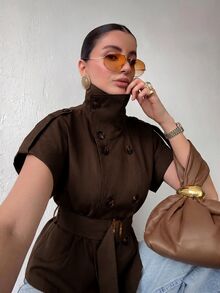 Lumalex Short Sleeve Loose High Neck Cinched Waist Women's Trench Coat Jacket - Brown - View 8