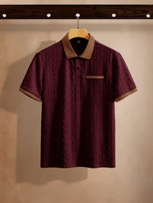 EGENSIO Men's Knitted Jacquard Solid Color Textured Apricot & Deep Brown Ribbed Collar & Cuffs Two White Buttons Polo Shirt - Burgundy - View 4