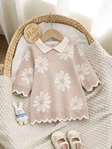 SHEIN Baby Girls Knit Sweater Dress, Lapel Floral Knit Dress - Apricot - View 1