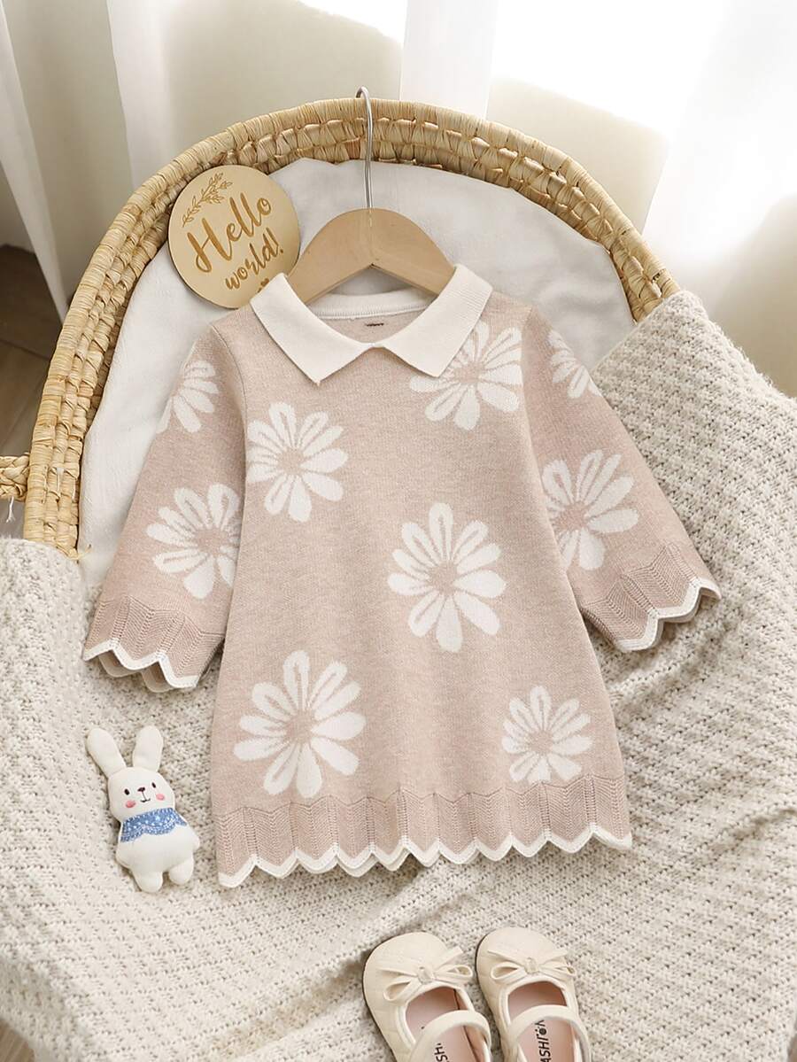 SHEIN Baby Girls Knit Sweater Dress, Lapel Floral Knit Dress - Apricot - View 1
