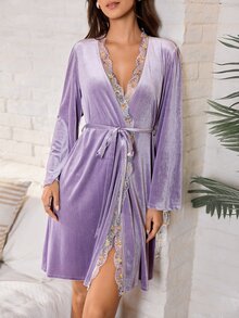 Serenescape Women's Short Velvet Robe With Embroidered Lace Trim Vacation Style Outerwear - Purple - View 1
