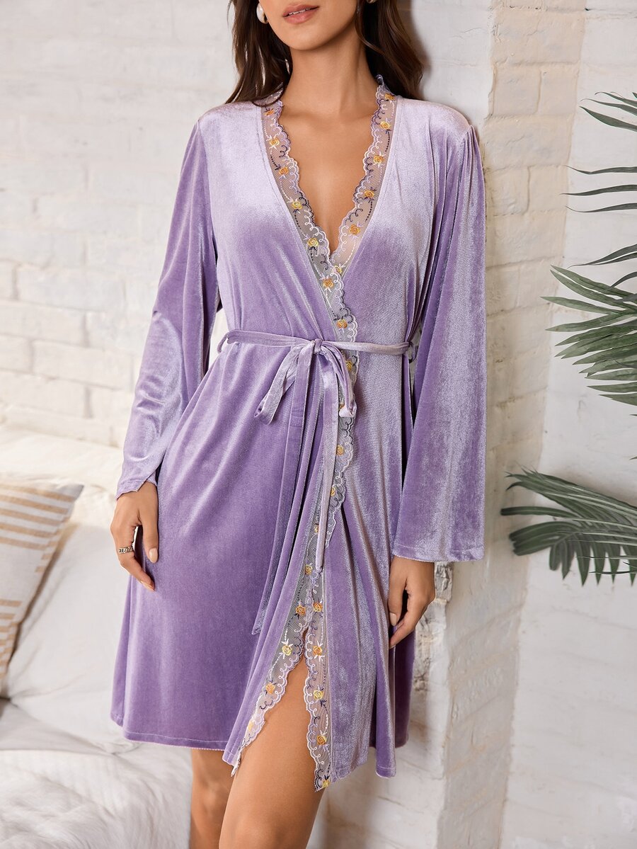 Serenescape Women's Short Velvet Robe With Embroidered Lace Trim Vacation Style Outerwear - Purple - View 1