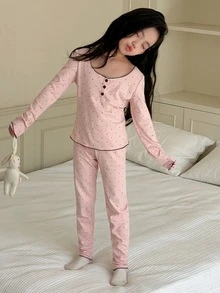 DAZY Tween Girl Button Half-Placket Long Sleeve Top And Polka Dot Print Pants Loungewear Set - Pink - View 4