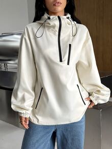 SHEIN EZwear 女款秋冬美式復古運動街頭風連帽拉鍊夾克外套 - 杏色 - 查看 3