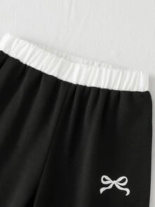 SHEIN Elladie kids 少女學院風黑色蝴蝶結印花對比色POLO領上衣＋寬腿褲休閒兩件套穿搭 - 黑色 - 查看 12