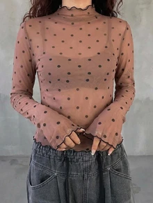 FRIFUL 女款波點印花立領長袖修身上衣 - 棕色 - 查看 7