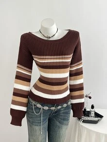 Elamini Minimalist Women's Autumn/Winter Brown Long Sleeve Asymmetric Shoulder Cold Shoulder Striped Fitted Knit Sweater Top - Brown - View 6