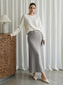 Modelyn Women's Pleated High Waist Slimming Knit Skirt, Autumn/Winter - Grey - View 4