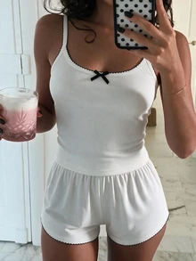 Franclia 女款休閒度假蝴蝶結裝飾細肩帶上衣與短褲兩件套 - 白色 - 查看 6