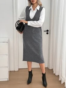 Sprig & Strand Autumn/Winter Slouchy Deep V Neck Straight Pocket Tank Dress Commuter Youthful Design Women's Sweater Dress - Grey - View 4
