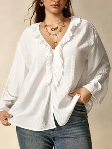 Nubod Elegant Plus Size Women's Solid Color Blouse With Frill Trim, Pearl Buttons And Lace Edging - White - View 3