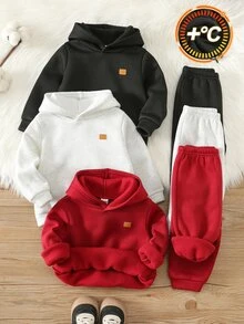 SHEIN 男嬰秋冬保暖內裡加厚6件套運動衫與運動長褲，黑色、紅色、灰色，適合節日穿著 - 彩色 - 查看 5