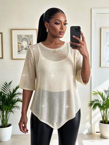 SHEIN Lady Plus Size Women's 5-Sleeve Round Neck Solid Color All-Match Versatile Knit Top - Khaki - View 5