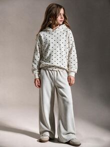 SHEIN 女童黑白配色四分之一拉鍊運動套裝褲 Y2K 酷女孩運動風 秋季休閒校園學生家庭波點套裝 米白色 - 白色 - 查看 3