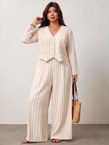 Enliva Plus-Size Women's Casual Striped Shirt And Trousers Set Apple,Rounded Body - Apricot - View 1