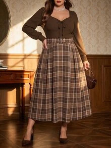 Auvina Plus Size Women's Woven Elegant Fall Long Dress - Brown - View 5