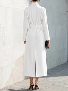 SHEIN Women's Spring/Autumn Deep Elegant Elegant Overcoat - High-End Stand Collar Waist-Cinching Tie-Up Design, Suitable For Outings, Dates, And Commuting - White - View 2