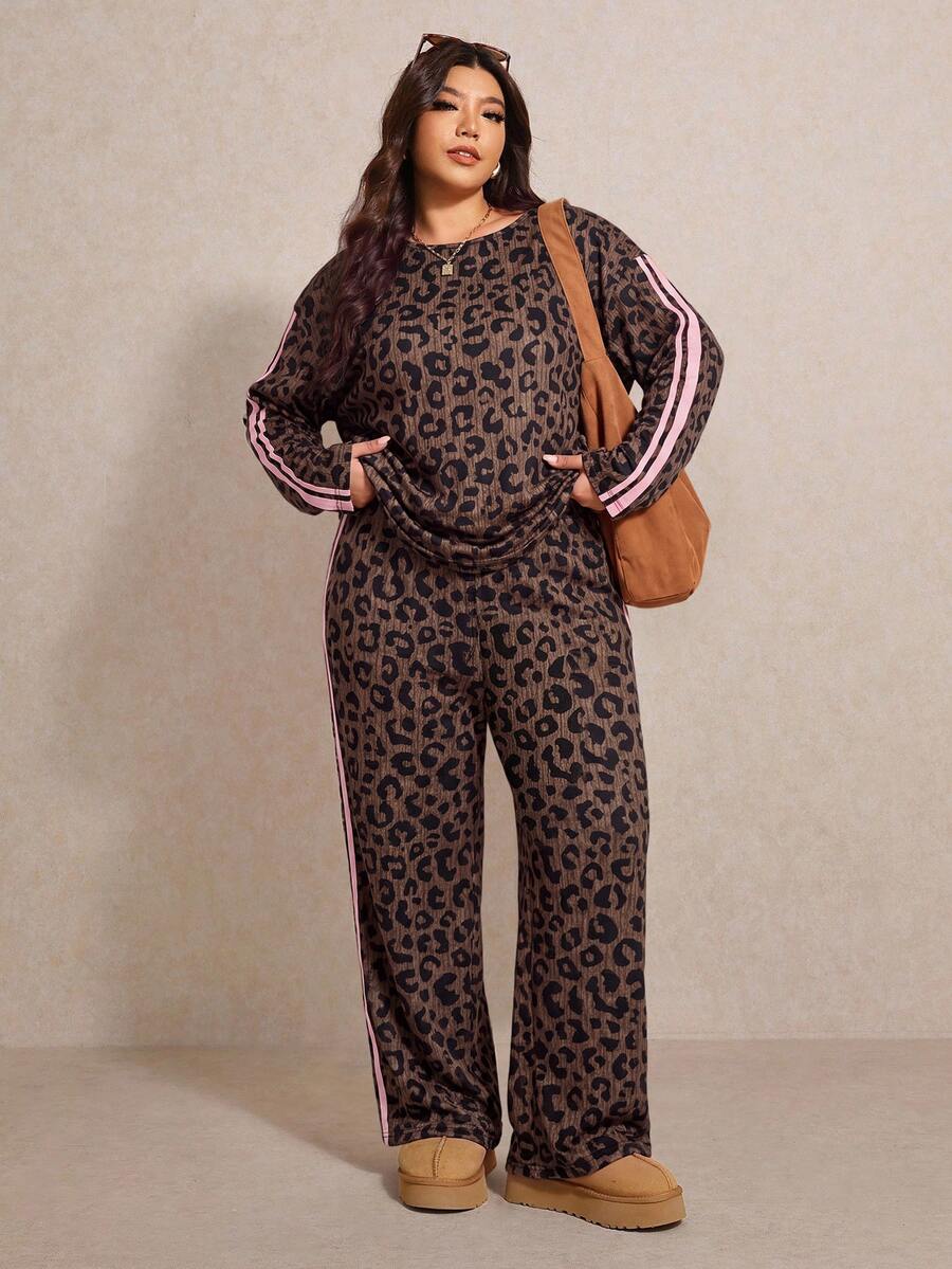 Elaquor Plus Leopard Print Contrast Tape Side Tee & Pants - Camel - View 1
