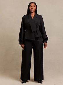 SHEIN SXY Women's Plus Size Black Blazer And Pants 2 Pieces Set - Black - View 1