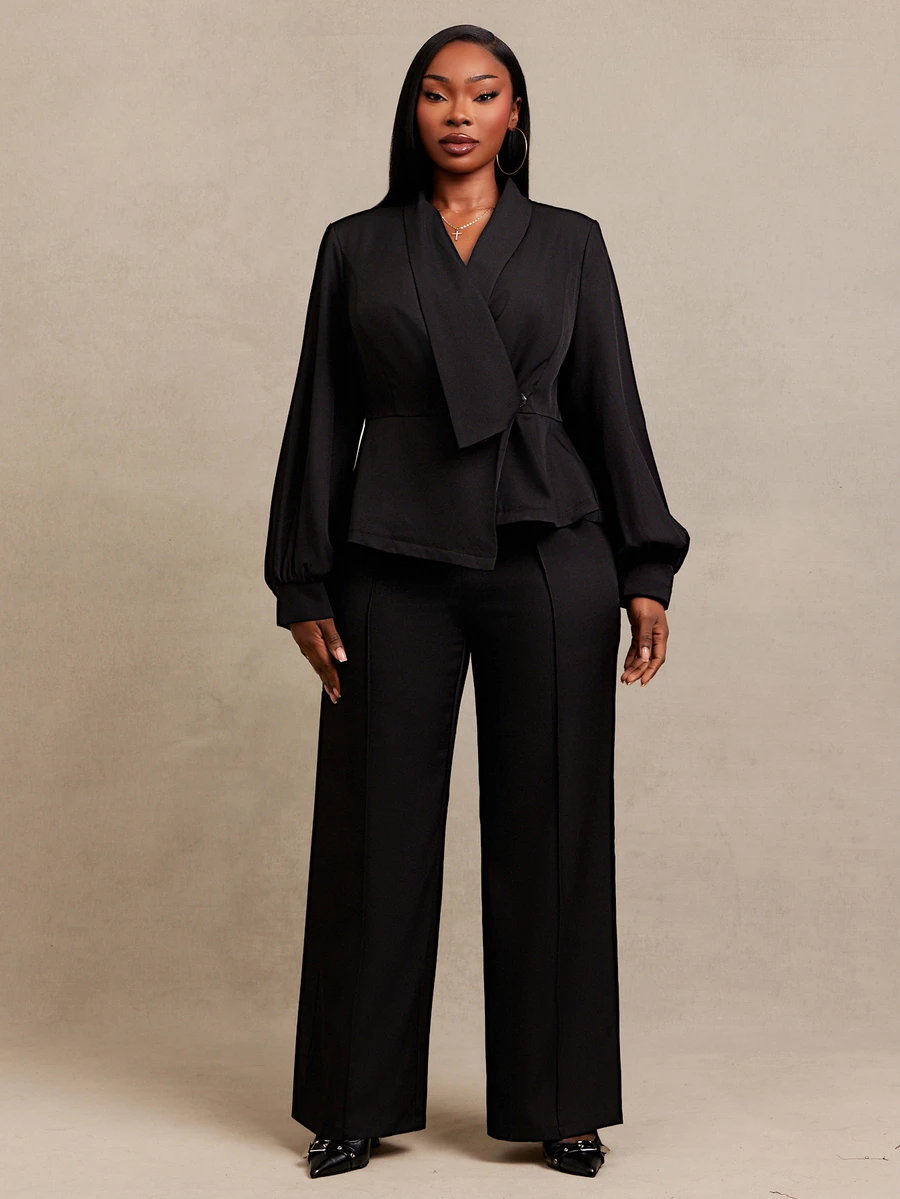 SHEIN SXY Women's Plus Size Black Blazer And Pants 2 Pieces Set - Black - View 1