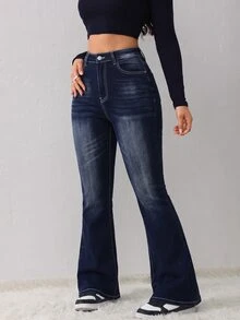 SHEIN Tall Women's Fashion Street Button Pocket Flared Jeans - Dark Wash - View 5
