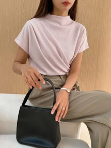 DAZY 女款甜美法式風褶皺T恤，適合度假與旅行 - 粉色 - 查看 5