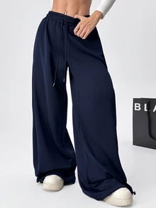 SHEIN EZwear 海軍藍大尺碼春夏百搭抽繩運動長褲 - 藏蓝色 - 查看 7