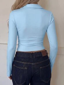 SHEIN EZwear 白色針織修身女款T恤 - 淺藍色 - 查看 2