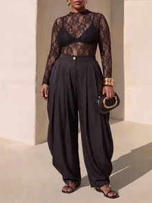 Zivah Plus Size Sexy Lace Sheer Top And Button Pleated Pants 2 Pieces Set - Black - View 6