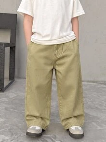 小男孩休閒純色牛仔長褲 - 卡其色 - 查看 3