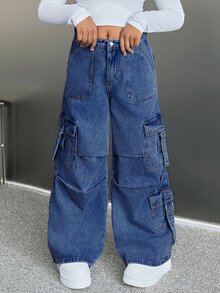 SHEIN Girlism Celana Jeans Denim Kargo Longgar dengan Kancing dan Kantong untuk Anak Perempuan Remaja - Dark Wash - View 6