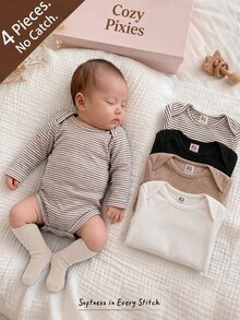 Cozy Pixies مجموعة ملابس أطفال حديثي الولادة للبنات والأولاد للخريف والشتاء، رومبير بأكمام طويلة بلون سادة لطيف، طقم من 4 قطع، محبوك ناعم برقبة دائرية مخطط وملون متعدد القطع - متعدد الألوان - مشاهدة 1