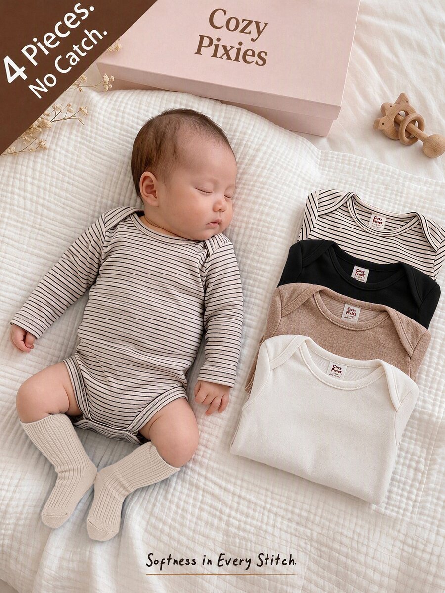 Cozy Pixies مجموعة ملابس أطفال حديثي الولادة للبنات والأولاد للخريف والشتاء، رومبير بأكمام طويلة بلون سادة لطيف، طقم من 4 قطع، محبوك ناعم برقبة دائرية مخطط وملون متعدد القطع - متعدد الألوان - مشاهدة 1