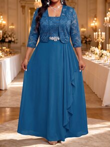 Fleurora Plus Size Women's 3/4 Sleeve Open Front Jacket And Rhinestone Waist Decor Dress Elegant Set - Teal Blue - View 5