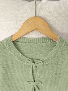 SHEIN LMoss Kids 女孩粉色針織毛衣，蝴蝶結裝飾，可愛休閒，柔軟舒適百搭，適合派對與度假場合 - 綠色 - 查看 2