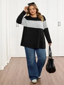 SHEIN CURVE+ Contrast Color Round Neck Ribbed Long Sleeve Casual T-Shirt, Autumn/Winter Contrast Knit Ribbed Top, Suitable For Plus Size 5XL-8XL - Multicolor - View 8