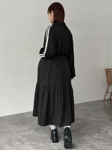 DAZY Contrast Striped Loose Cinched Waist Zipper Long Casual Streetwear Everyday Spring Autumn Maternity Dress - Black - View 4