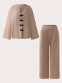 LUMIGAL Set 2 Potong Kemeja Lengan Panjang dan Celana Wanita Musim Gugur Warna Khaki Kasual Serbaguna Modis Nyaman dengan Kancing Katak - Khaki - View 3