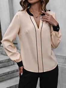 Editum Blus Elegan Wanita dengan Kerah V Berlekuk dan Blok Warna - Aprikot - View 7