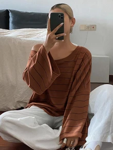 DAZY 女款條紋不對稱肩寬鬆街頭休閒青少年T恤 - 棕色 - 查看 5