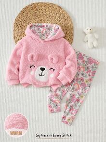 Cozy Pixies 女嬰卡通粉色熊圖案抓絨內裡加厚圓領長袖連帽衛衣＋花卉彩虹印花鬆緊腰長褲 2件套，適合外出、派對、拍照、玩耍穿著 - 淺粉色 - 查看 7