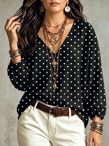 Glimmora Women's Autumn/Winter New Hot-Selling Polka Dot Print Pattern Casual Versatile Plus Size T-Shirt - Multicolor - View 4