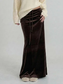 DAZY Women's Solid Color Drawstring Elastic Waist Casual Daily Versatile Skirt - Brown - View 7